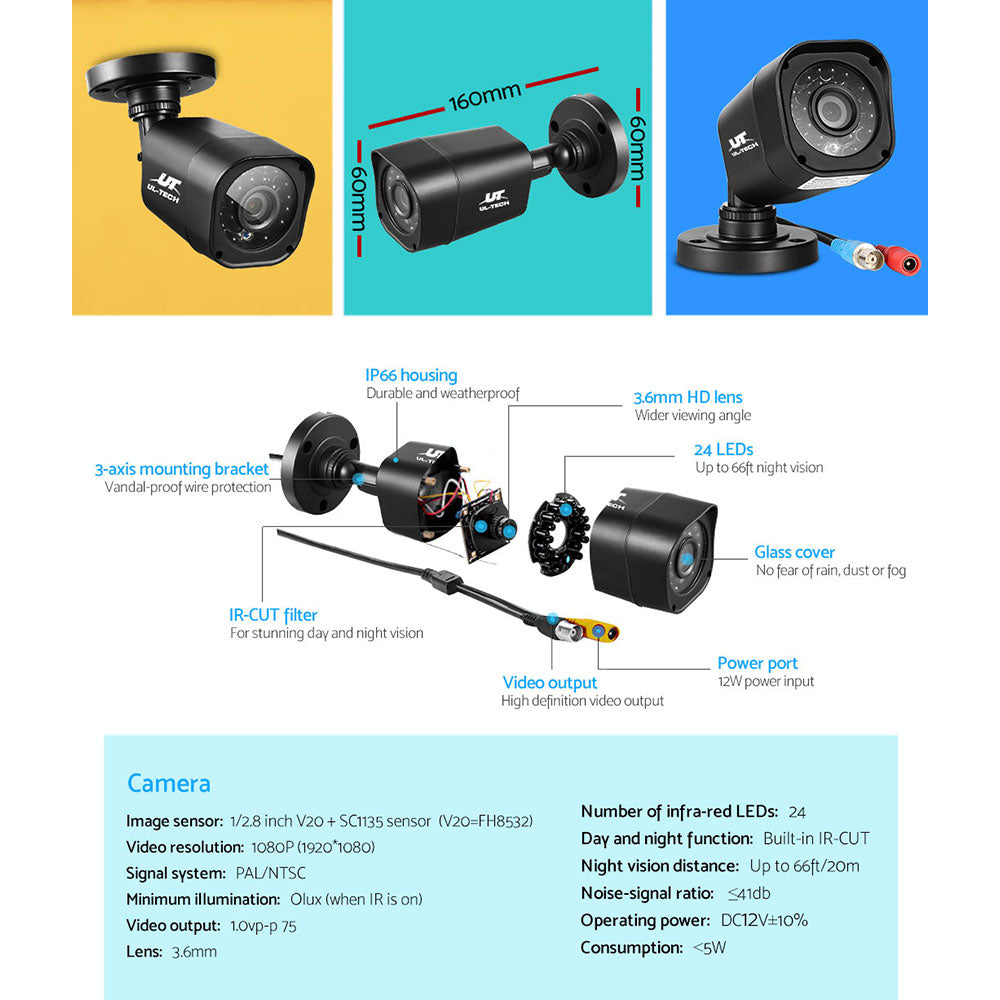 UL-TECH 1080P Security Camera System 4CH DVR with 4 CCTV Square Cameras
