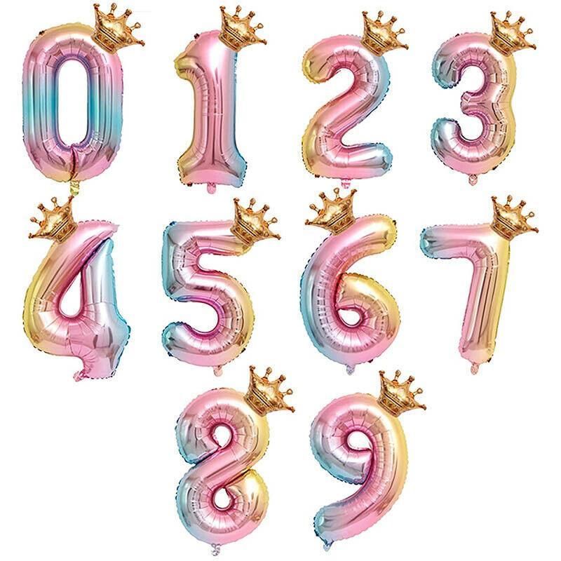 32 Inch Crown Number Foil Balloons Rainbow Iridescent Party Decoration - Crown 0