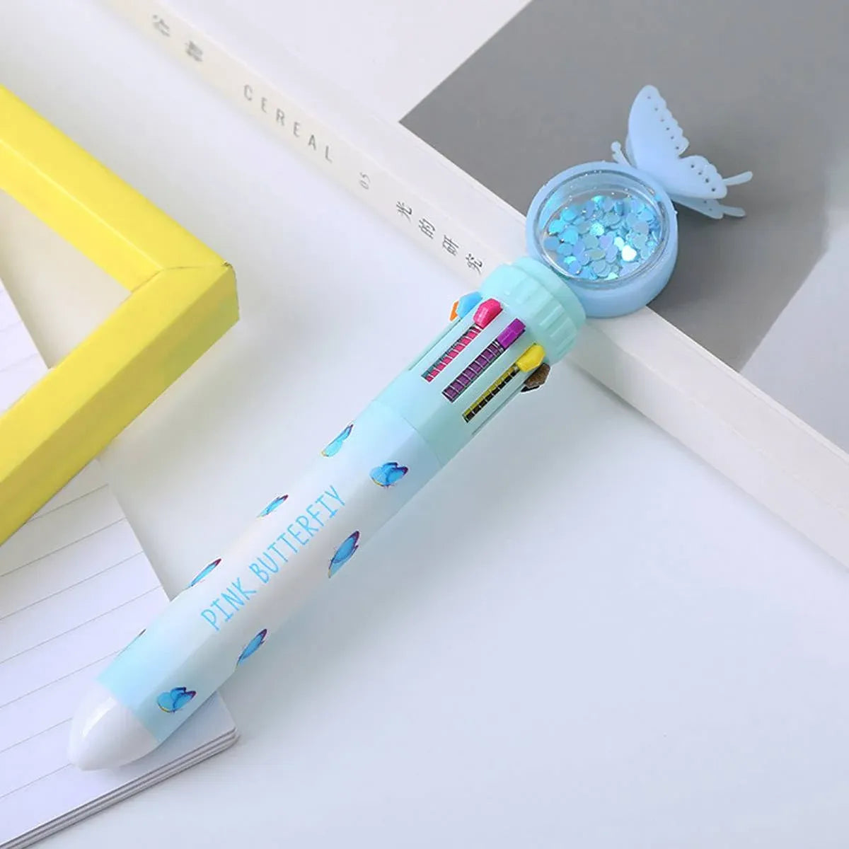 Butterfly 10 Colour Press Ballpoint Pen Sequin Dome Stationery 0.7mm - 24PCS