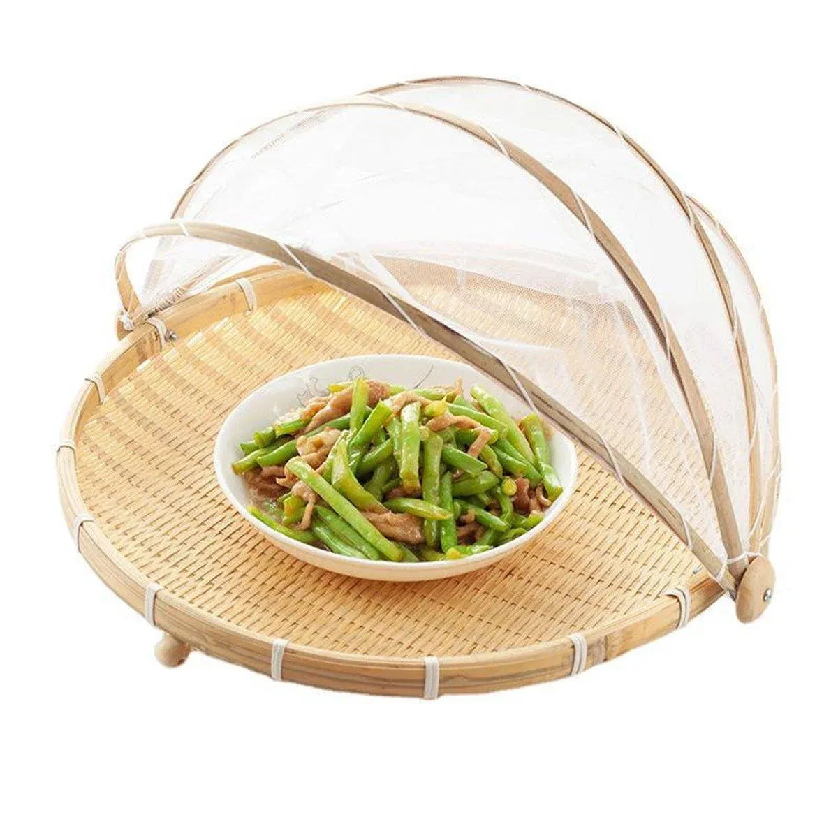 Bamboo Storage Basket with Mesh Cover for Fruit Vegetables Food Buns Kitchen - 42CM