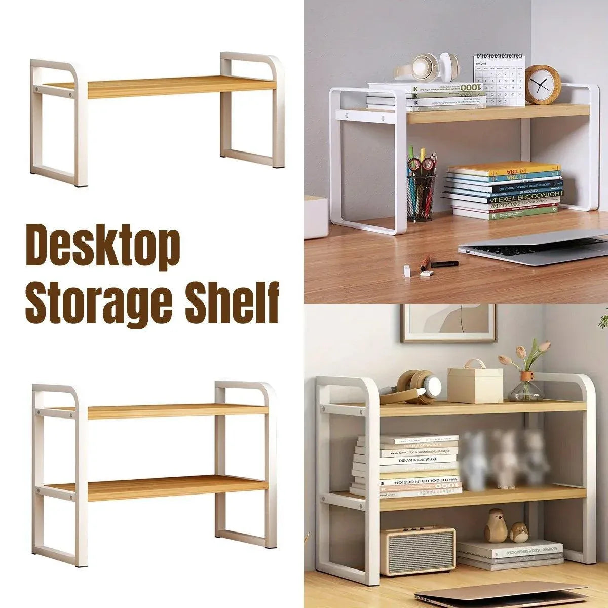 Adjustable Height Multi-Layer Desktop Bookshelf Home Office Floor Organizer Rack - 2 Shelves