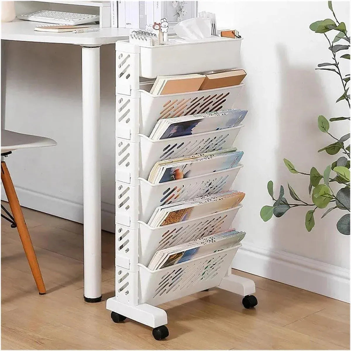 Six Tier Rolling Storage Cart Slim Magazine File Organiser White