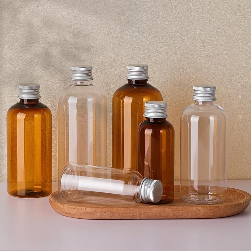 20pcs Brown Transparent Cosmetic Bottles with Aluminum Lids for Packaging - Brown-100ml