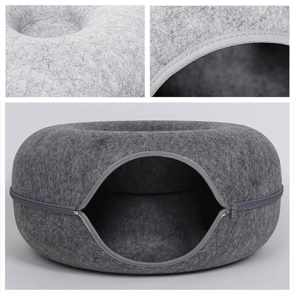 Felt Cat Tunnel Bed Round Donut Cave Nest for Kittens and Small Pets 60x30cm - Dark Grey