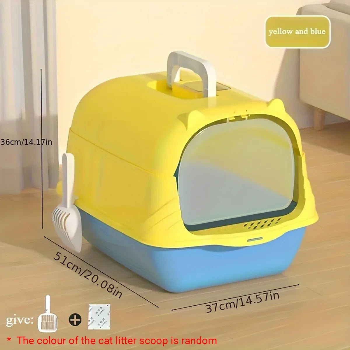 Enclosed Cat Litter Box Lid Scoop Splash Proof Lift Top Removable Toilet Tray - Blue Yellow