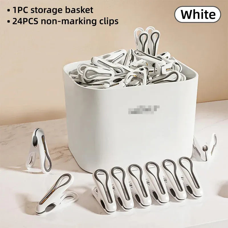 24pcs Clothes Pegs with Storage Basket Laundry Sock Clips Non Slip Drying Hanger - White