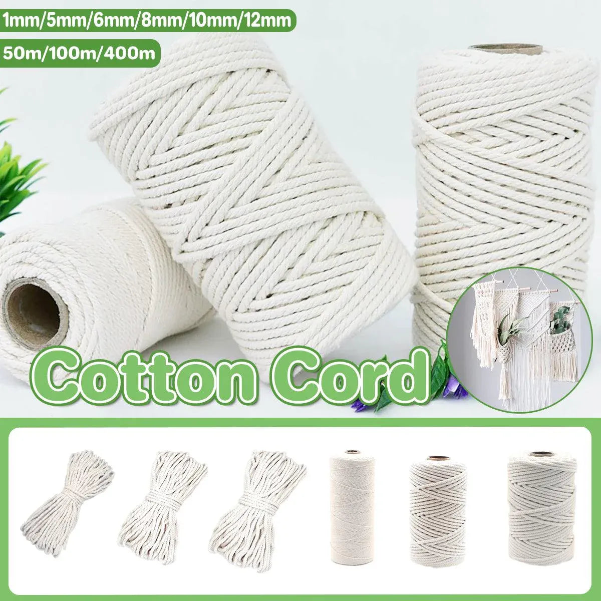 Cotton Rope Macrame Cord 1-12mm DIY Craft Tapestry Binding Decorative String - 6mm x 100m