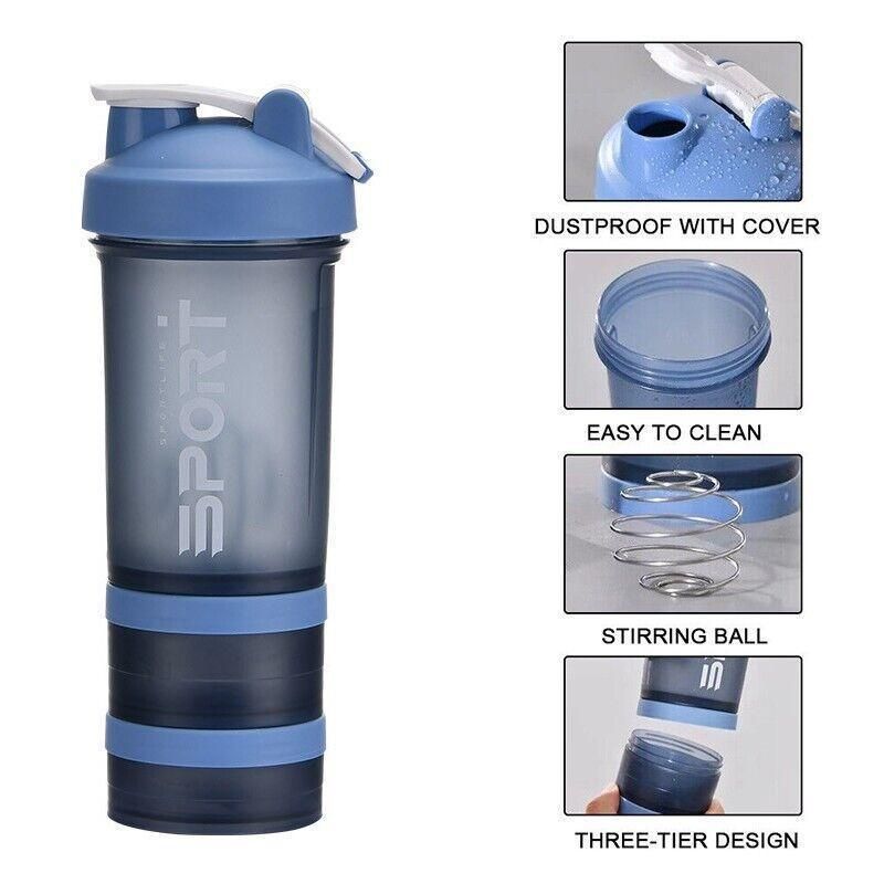 Powder Milkshake Drink Cup Sport Water Bottle 500Ml 3 Tier Protein Shaker Pill - Green