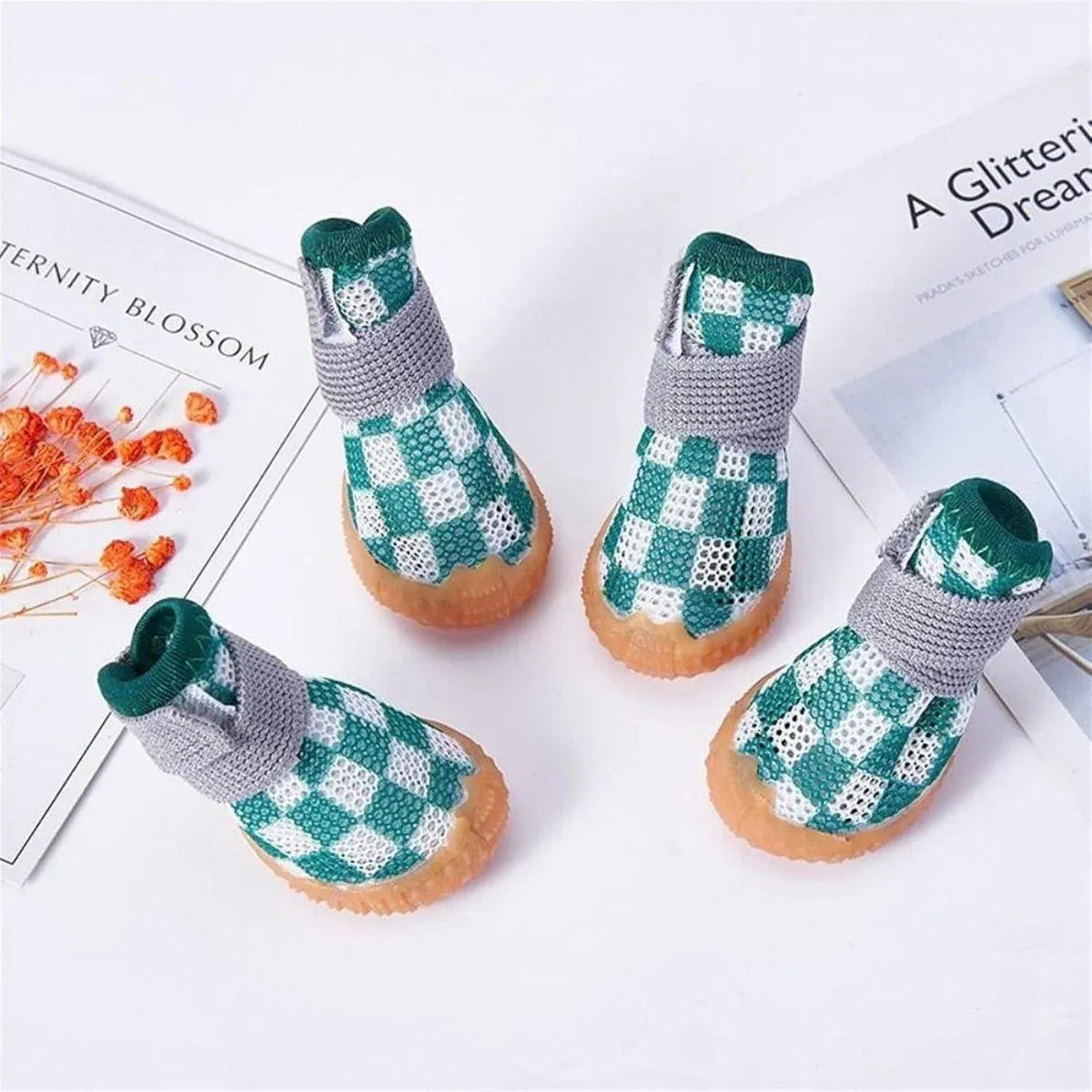 4pcs Breathable Mesh Dog Shoes Small Pets Puppy Paw Protection Summer Boots - Green-3
