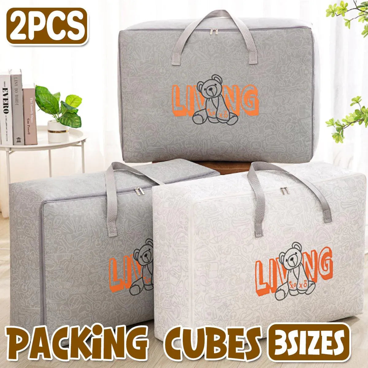 2pcs Cartoon Bear Luggage Organizer Storage Bags Blanket Quilt Closet Box Set - White-M