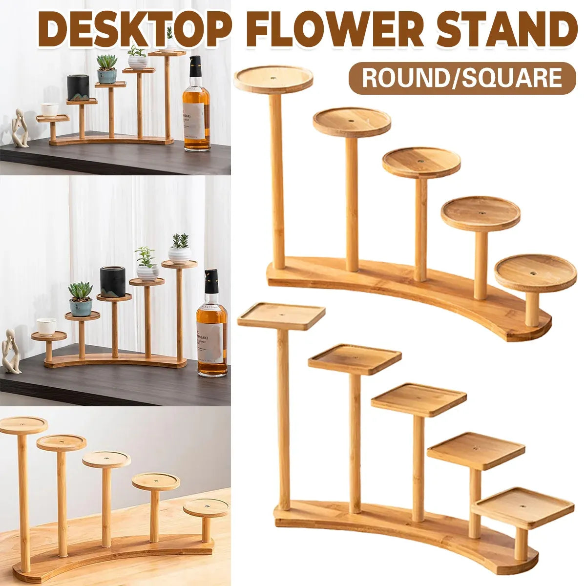 Bamboo Indoor Desktop Flower Stand for Living Room Office MultiTier Plant Holder - Square