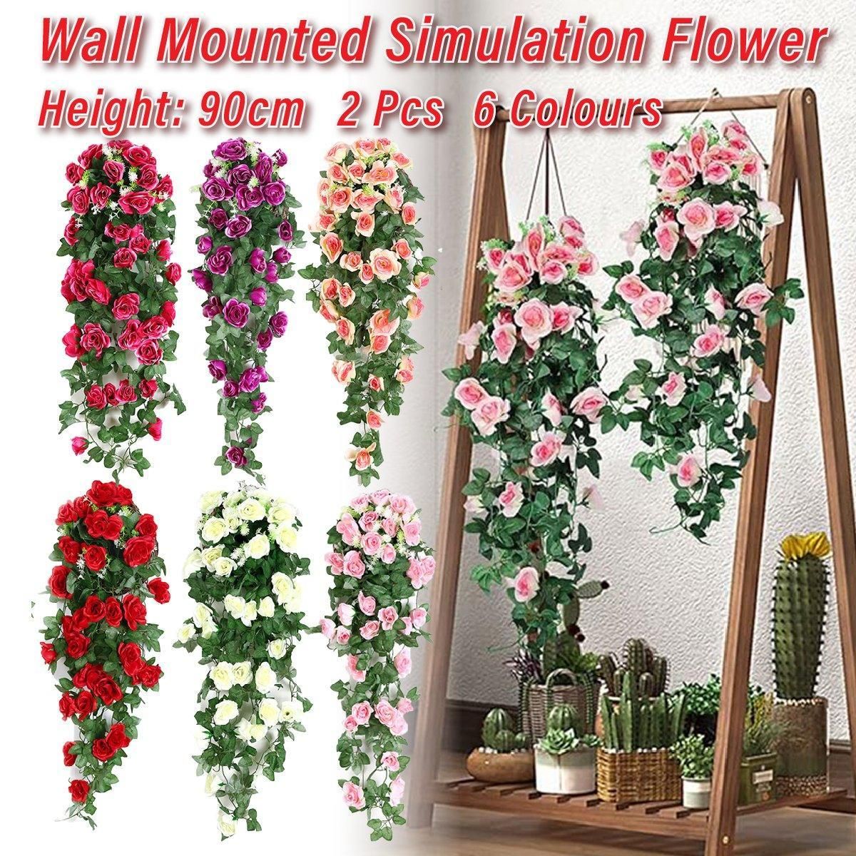 2PCS Artificial Rose Flower Garland Hanging Vine Home Wall Decor Fake Rattan - Rose Red