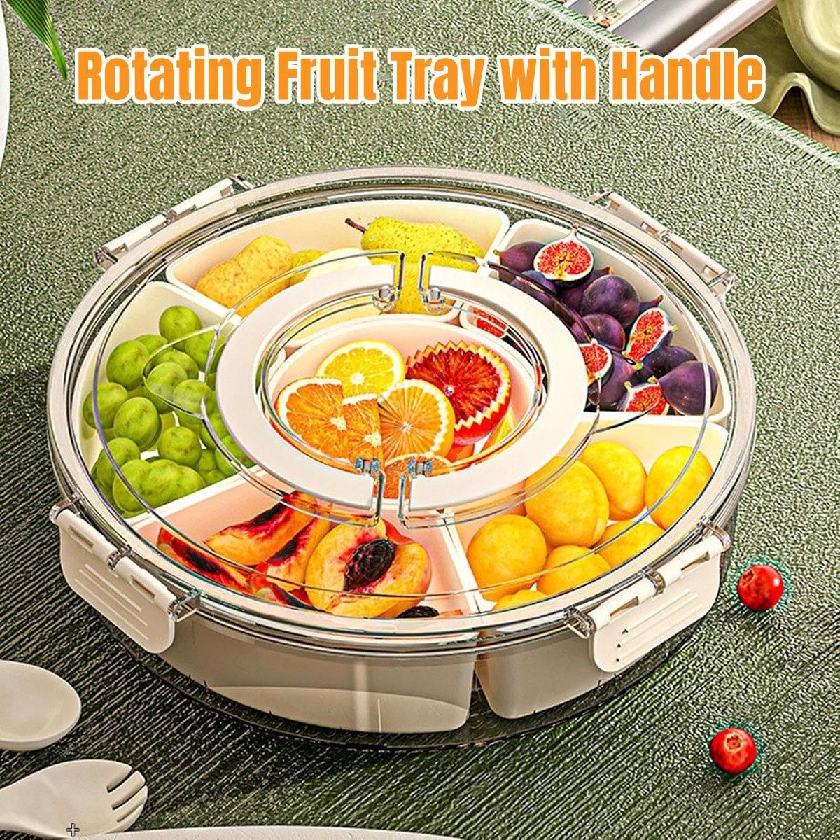 Six Compartment Rotary Fruit Plate Portable Round Snack Box with Lid for Home