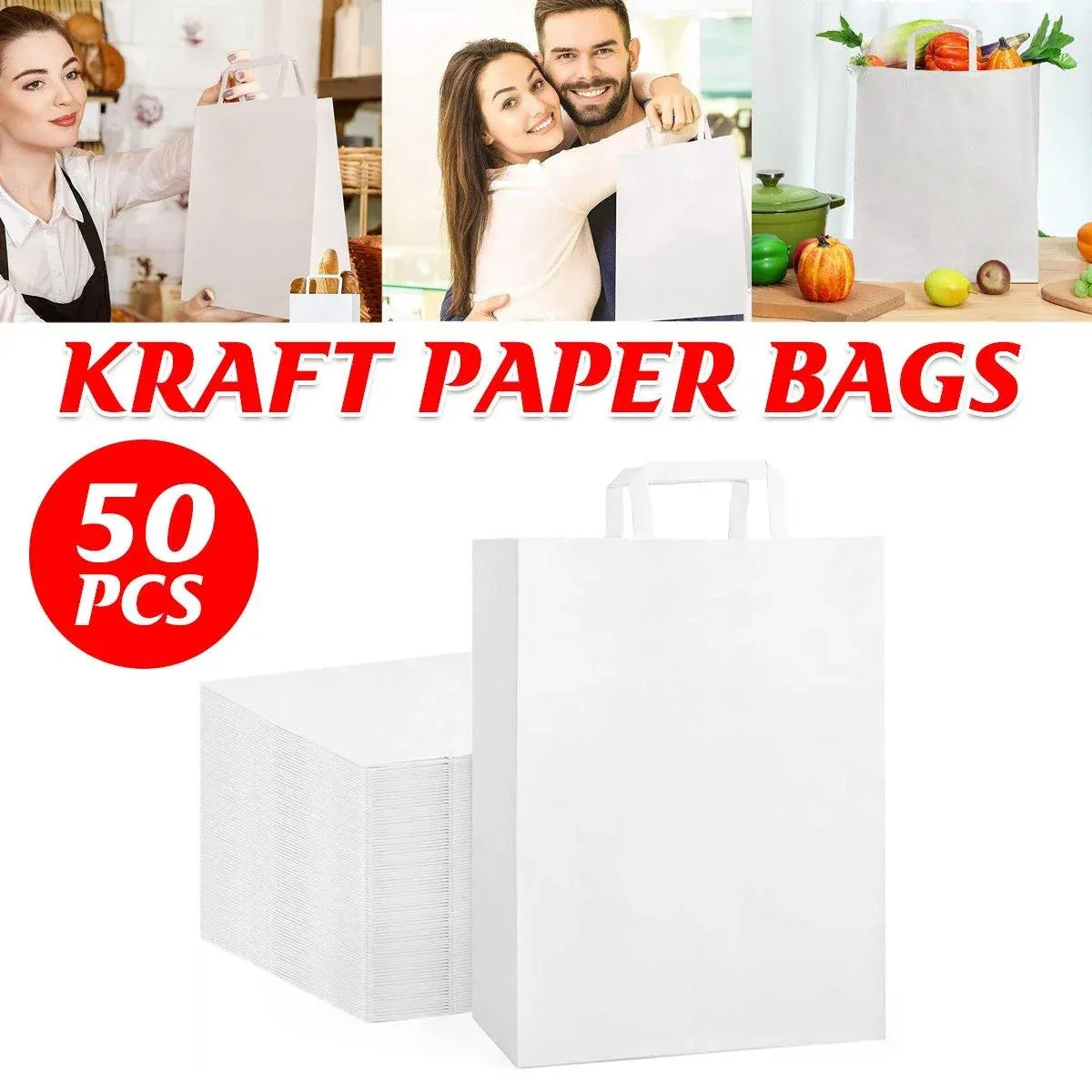 50pcs White Kraft Paper Tote Bags Gift Bags for Packaging Shopping and Storage