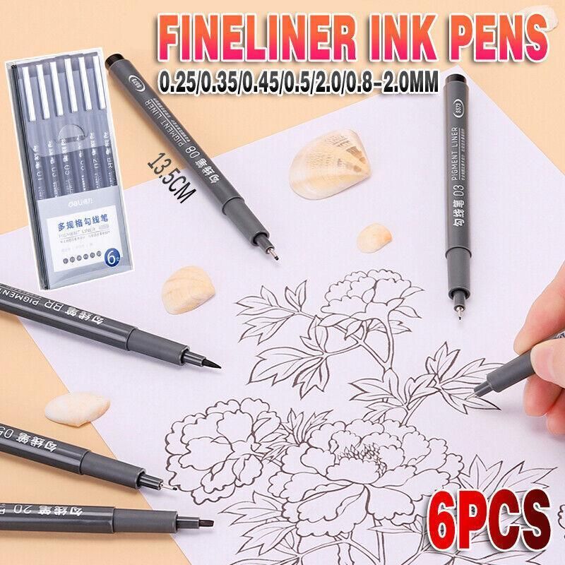 6 Pcs Set 6 Sizes Micro Pen Fineliner Ink Pens Waterproof Fine Point Line Black