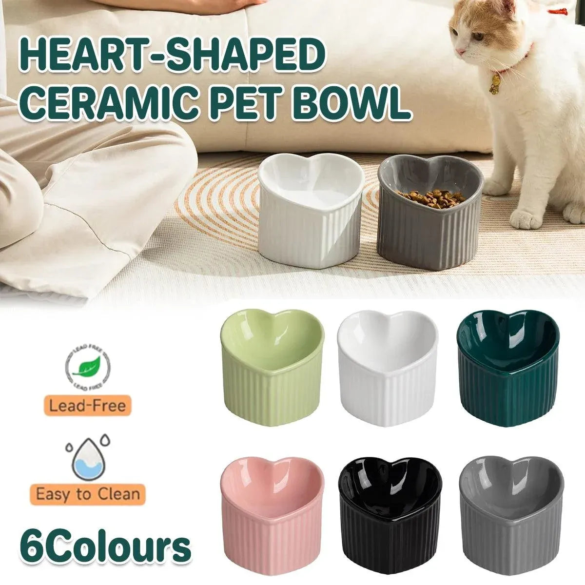 Love Shape Slanted Cat Bowl Ceramic Pet Bowl for Cats Food Water Feeding Dish - Green