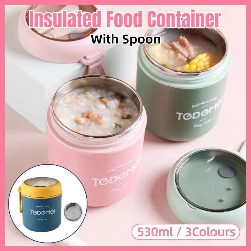 530ml Stainless Steel Insulated Lunch Box Portable Food Storage Mug Soup Meals - Pink