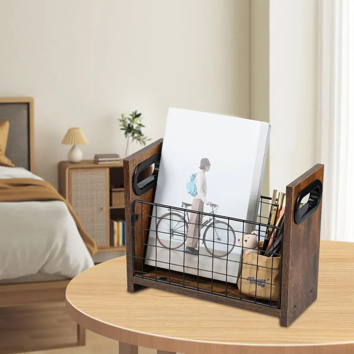 Wooden Desktop Storage Basket Wire Iron Combination Organiser Rustic 29x12x23cm