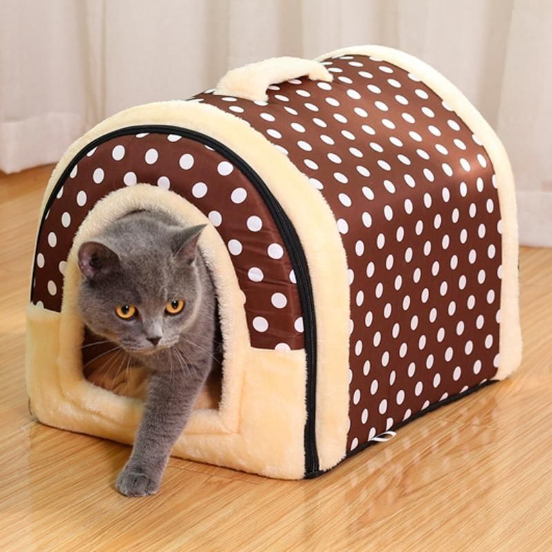 XL Size Pet House Kennel Soft Igloo Beds Cave Cat Puppy Bed Warm Cushion Fold - Brown Dots