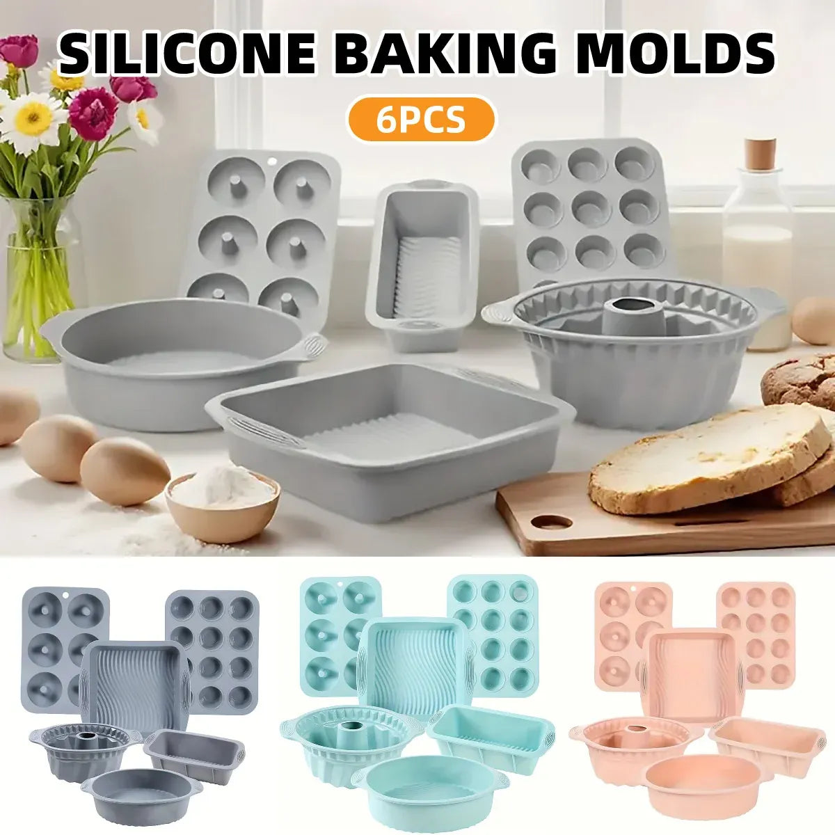 6PCS Silicone Cake Mould Set Baking Pans Nonstick Cupcake Cookie Tools Reusable - Green