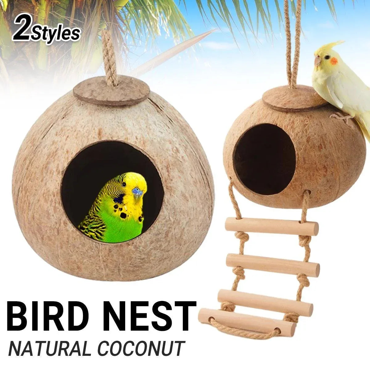 Natural Coconut Bird Nest Cage Pet Parrot Parakeet Safe Hut Feeder Shell Home - Stairs type