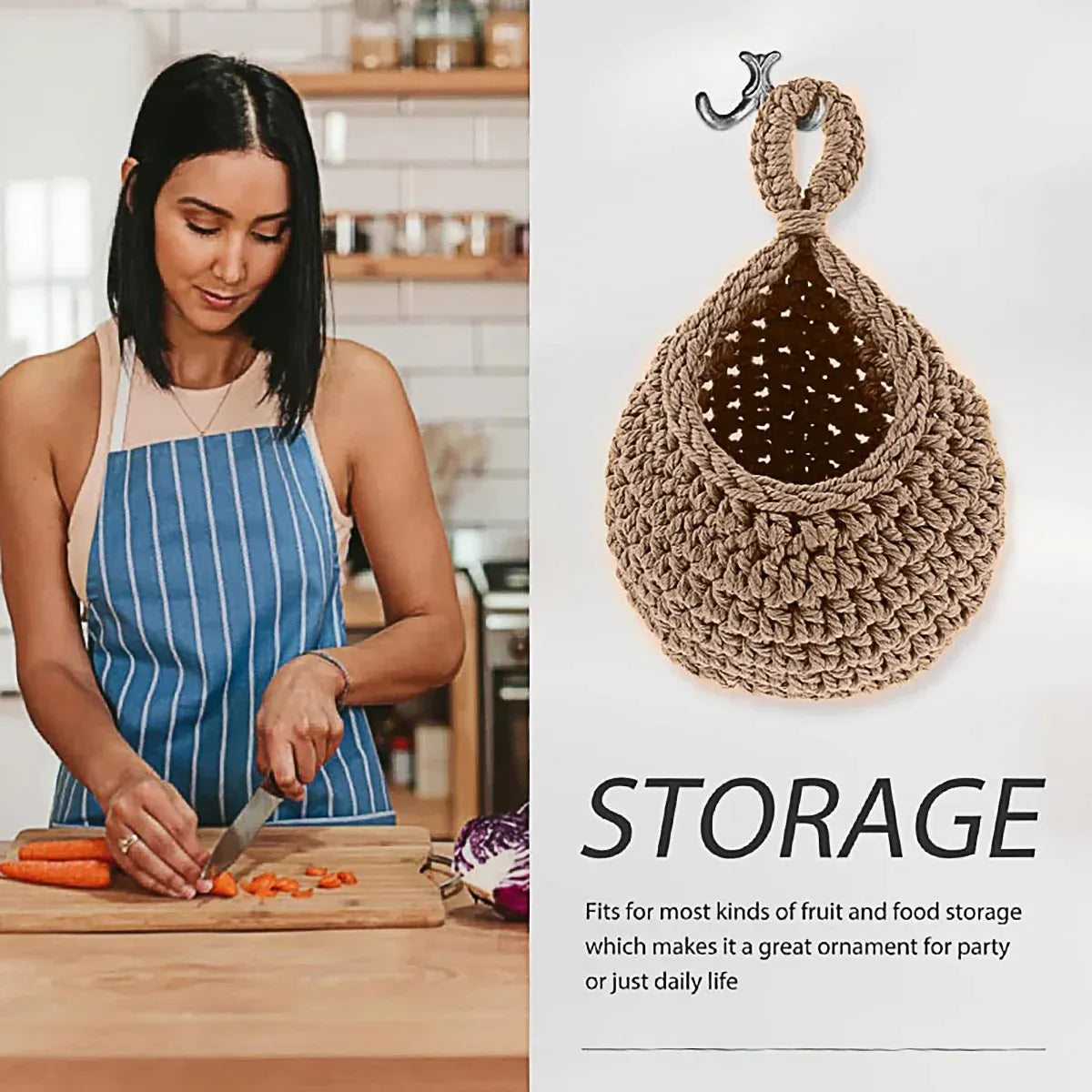 3pcs Boho Hanging Wall Baskets Woven Vegetable Fruit Storage Pouch Kitchen Decor