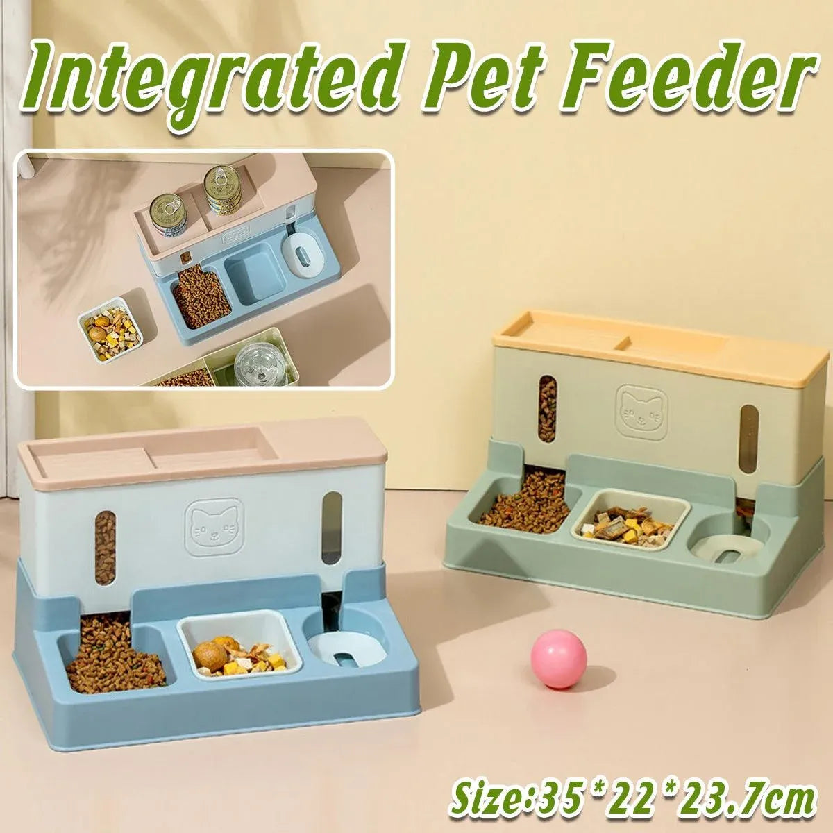 All in One Pet Feeding Bowl Cat Dog Water and Food Feeder Automatic Dispenser - Green