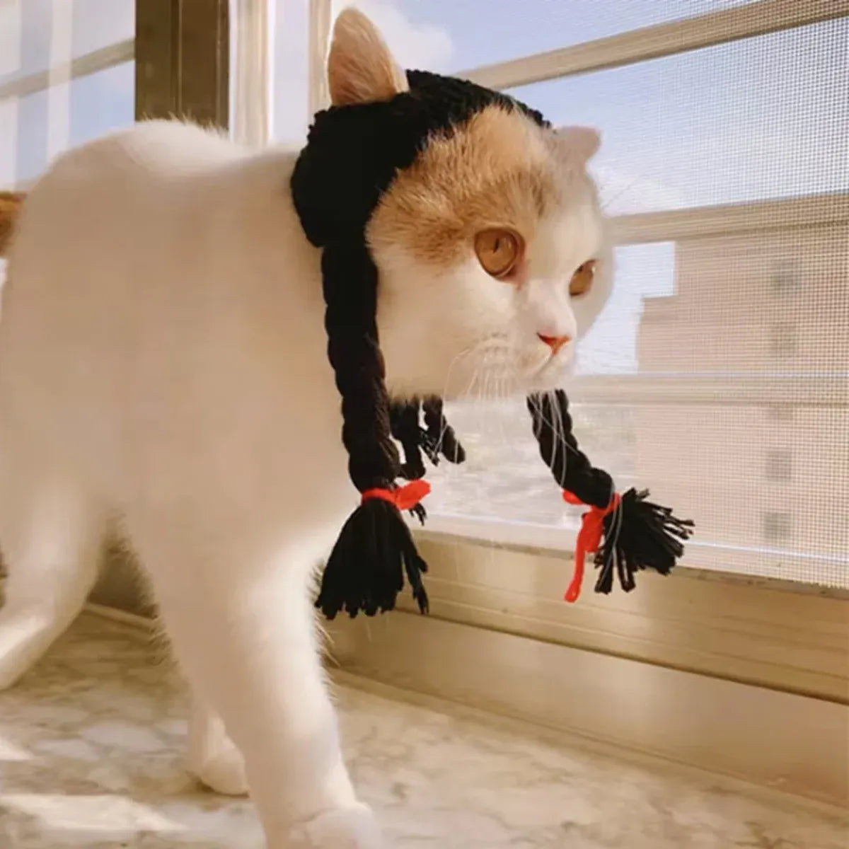 Cat Headwear Handmade Braid Hat Cat Wig Hat Cat Hair Accessory Pet Decoration - Yellow