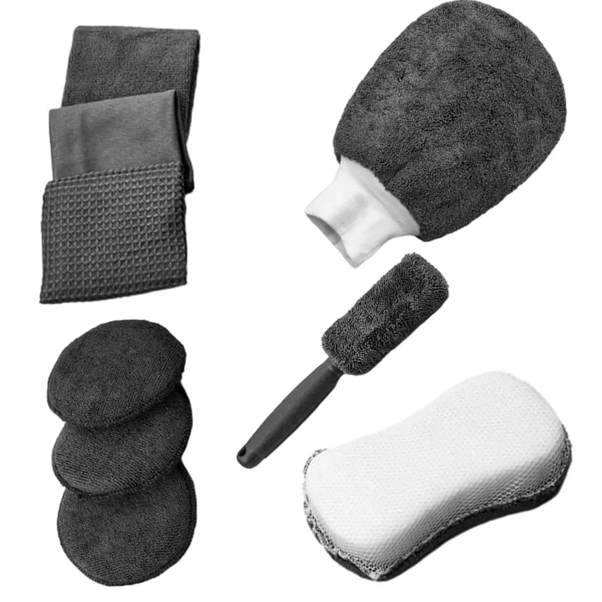 9PCS Car Cleaning Kit Microfiber Towel Wax Sponge Wheel Brush Gloves Set Use - Grey