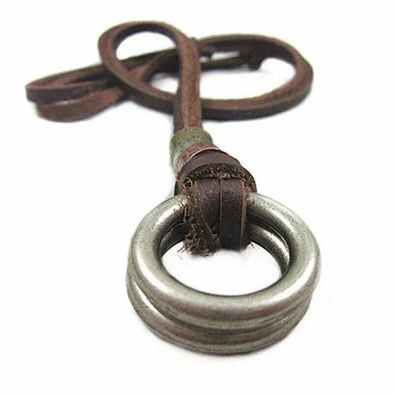 Men Women'S Alloy Double Ring Cord Leather Pendant Necklace Adjustable Necklace