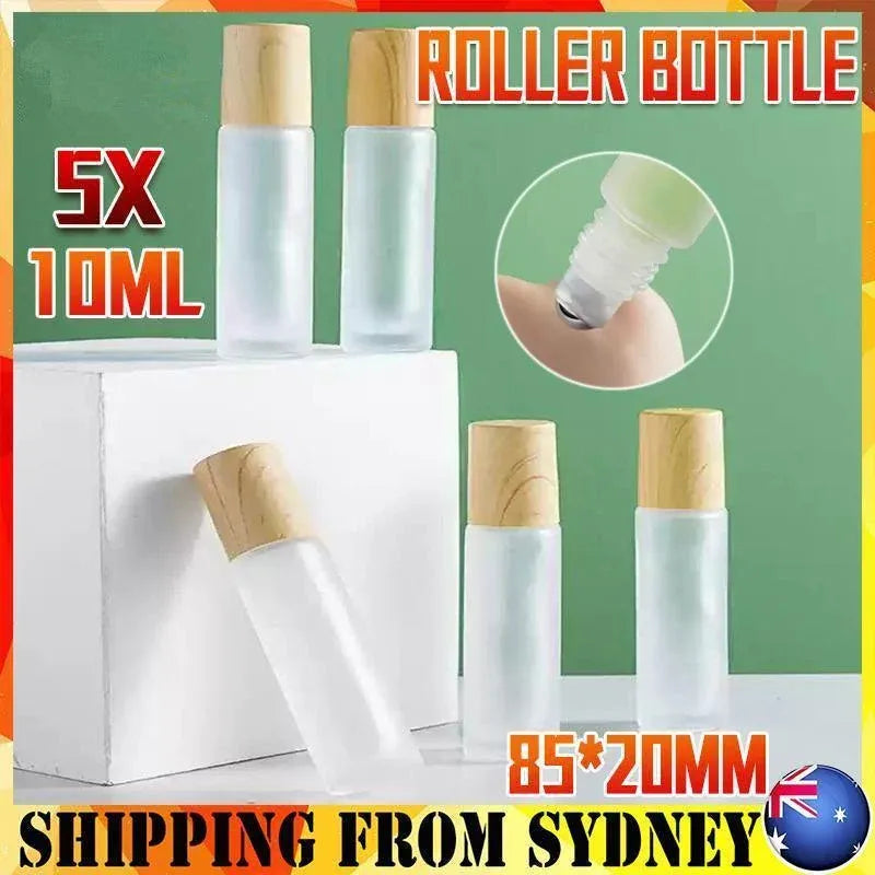 5PCS 10ml Frosted Glass Roll-On Bottles with Wooden Caps for Perfume and Essential Oils