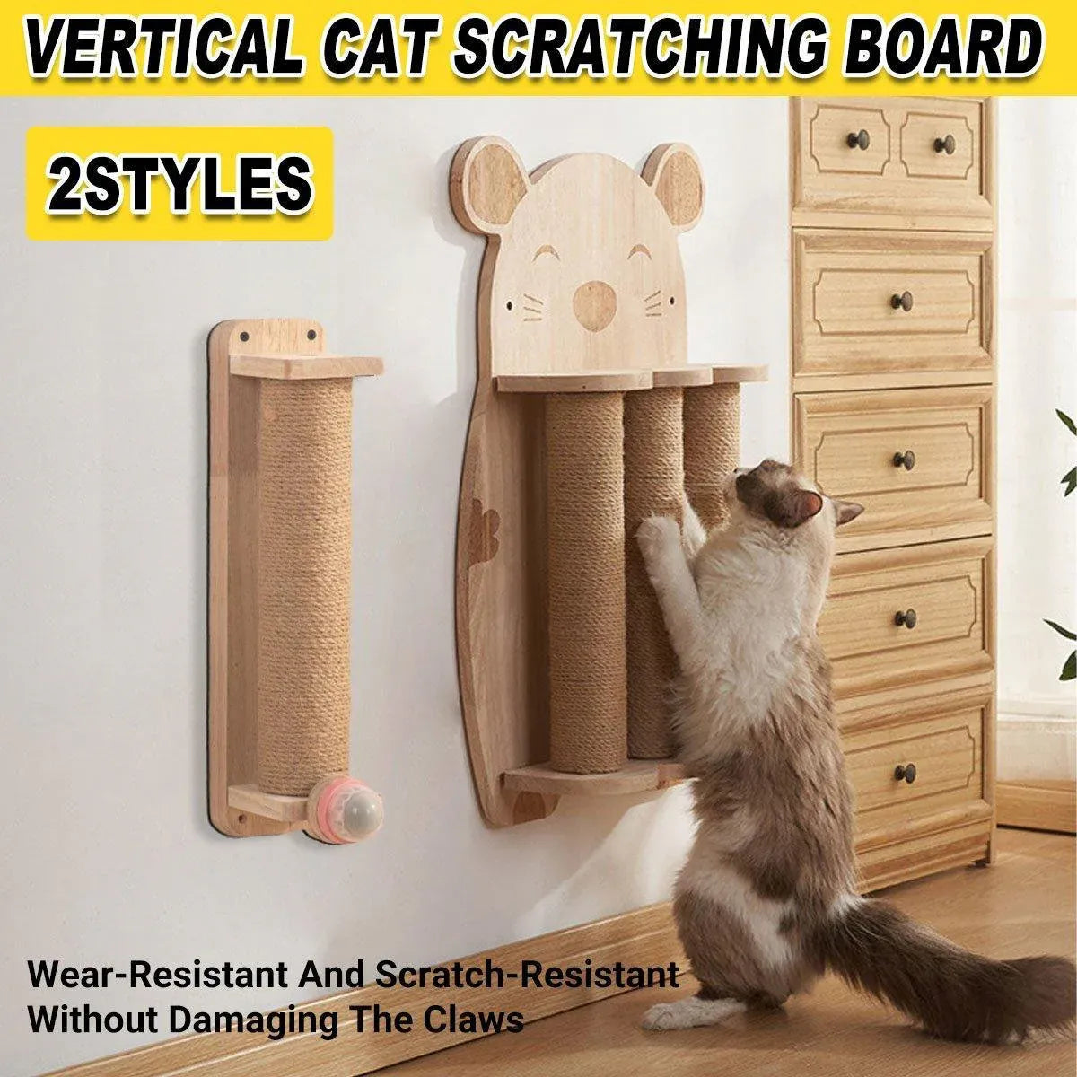 2Style Wood Wall-Mounted Natural Sisal Rope Cat Scratching Claw Grinding Pet Toy - Mouse-Solid Wood