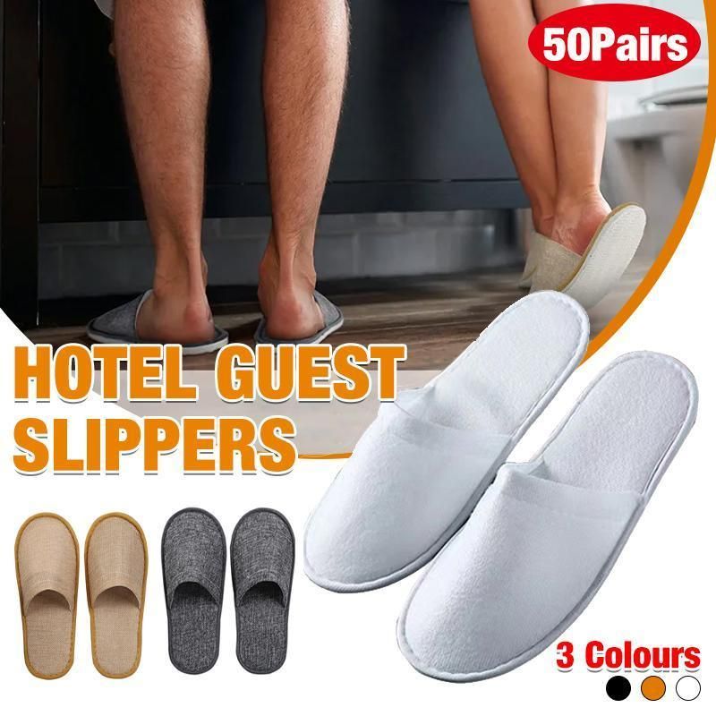 50 Pairs SPA Hotel Guest Slippers Closed Toe Disposable Terry Style Linen - Khaki