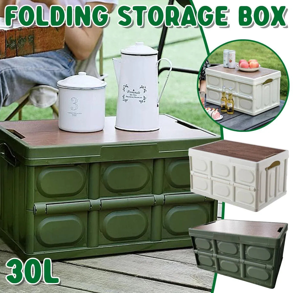 Folding Camping Storage Box Outdoor Stackable Container with Lid Home Organizer - White