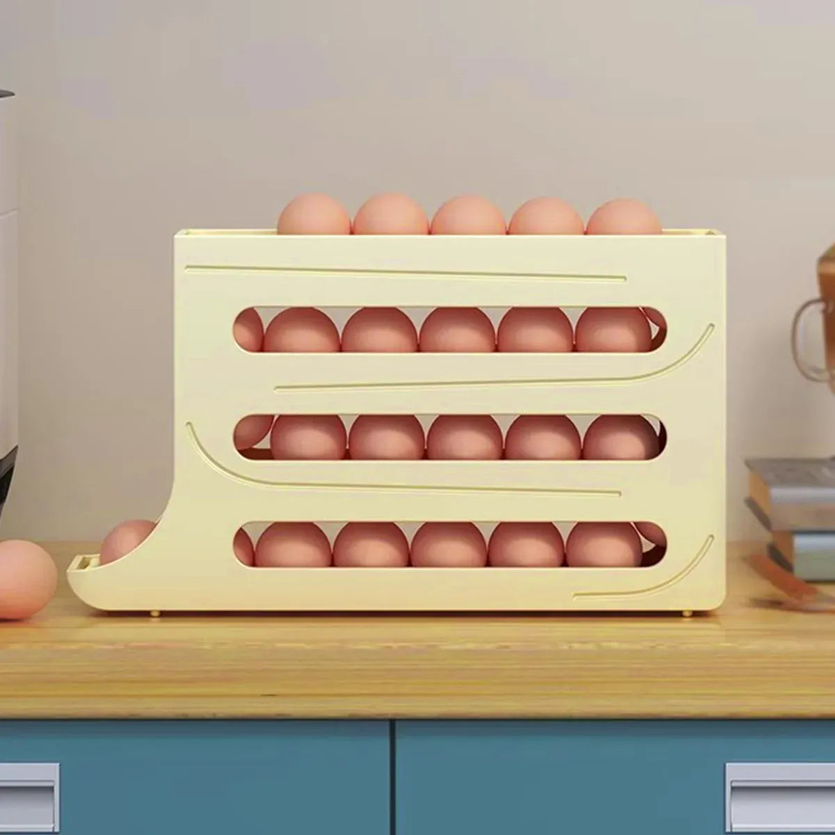 Automatic Scrolling Egg Holder 2/4-Tier Storage Box Container for Refrigerator - Cream (4-Tier)