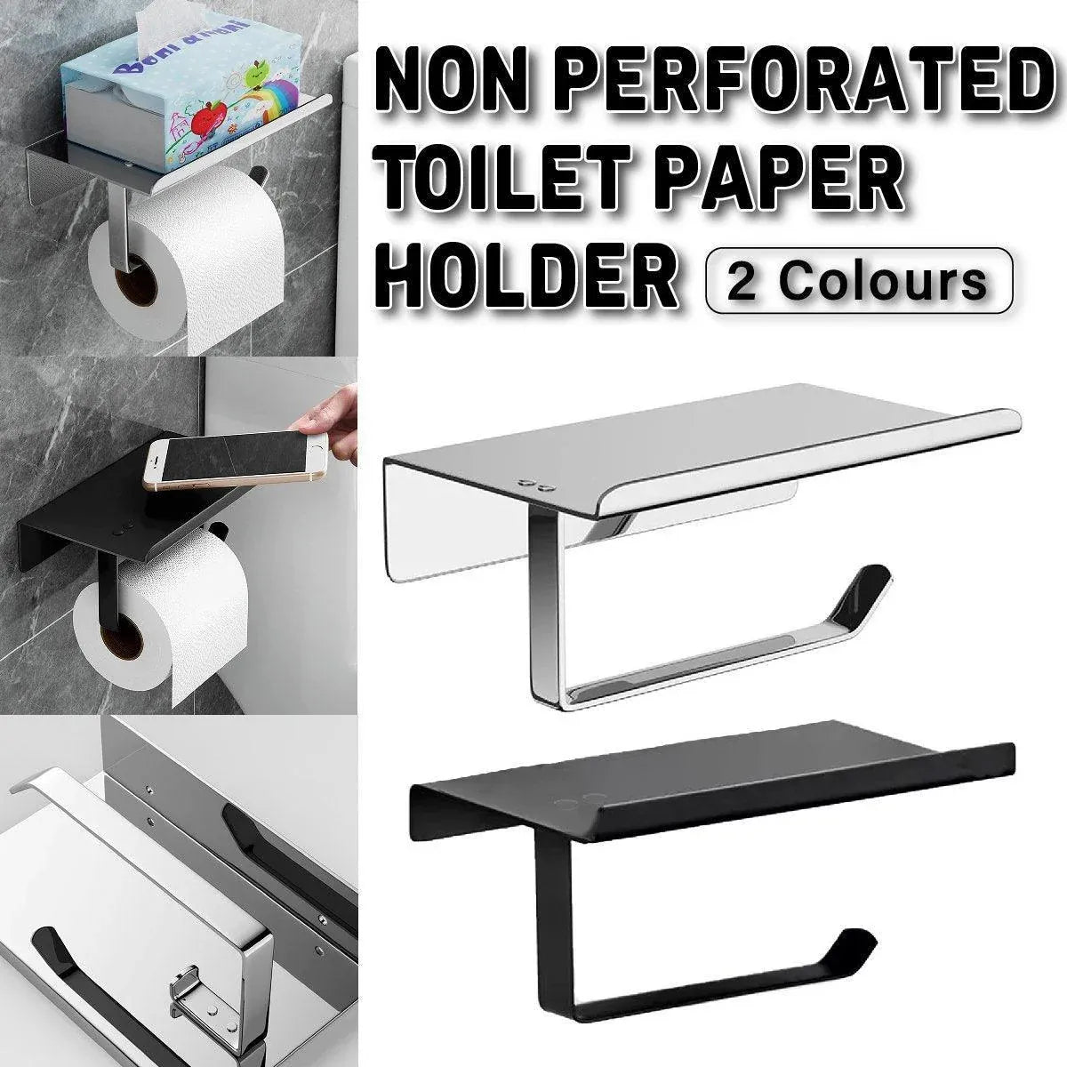 304 Stainless Steel Toilet Paper Holder Non-perforated Roll with Phone Rack - Silver