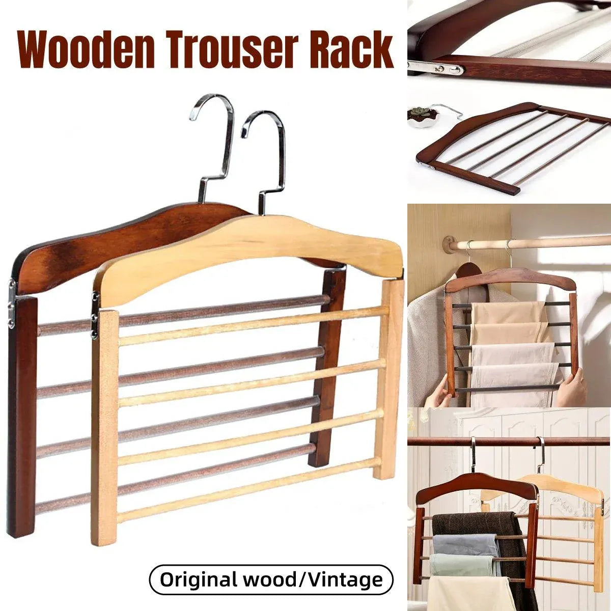 Multi Tier Wooden Trouser Rack Household Towel Rack Space Saving Pants Hanger - Original wood