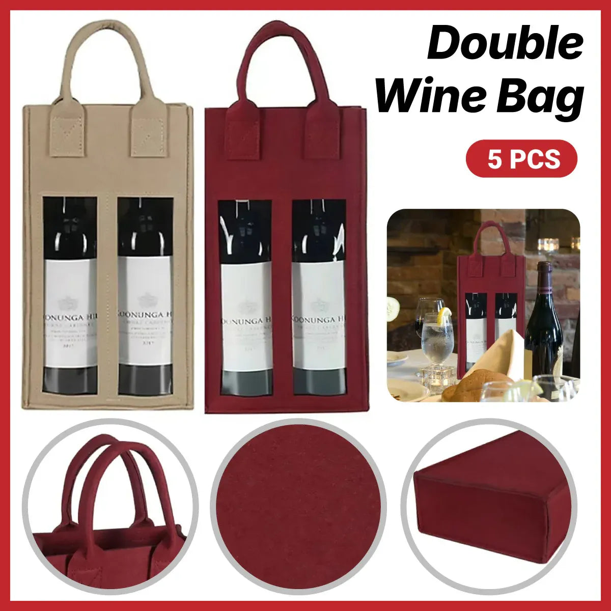 5PCS Handheld Wine Gift Bags Double-Bottle Design with Clear Window Portable - Burgundy