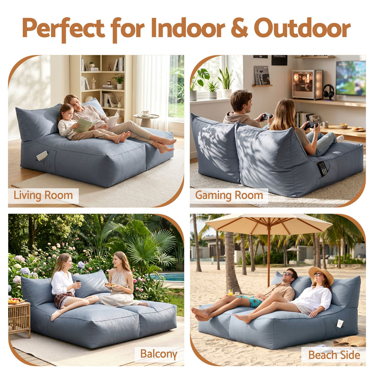 Artiss Outdoor Bean Bag Chair Cover (No Filler) 2 Seater Beanbag Lounge Sofacover Adults Splash-Proof Large Bean Bag Cover for Patio Poolside Relaxing Indoor, Grey