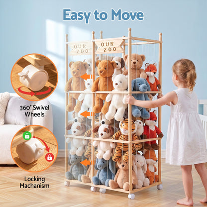 Keezi Stuffed Animal Storage Wooden Toy Holder with Wheels Soft Toy Storage Zoo Cage Stuffy Toy Storage Organizers with Elastic Cords for Playroom Bedroom Nursery