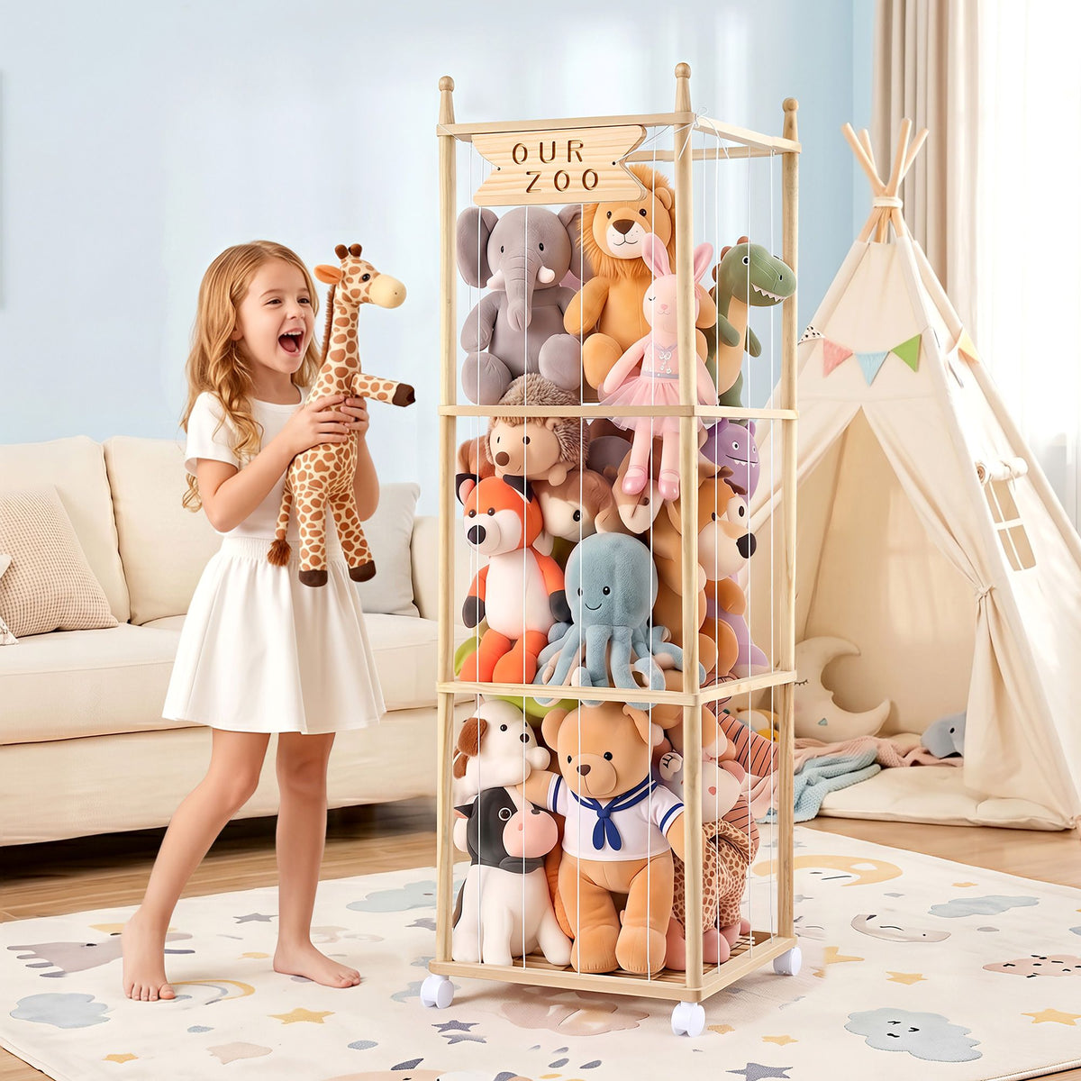 Keezi Stuffed Animal Storage Wooden Toy Holder with Wheels Soft Toy Storage Zoo Cage Stuffy Toy Storage Organizers with Elastic Cords for Playroom Bedroom Nursery