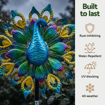 Gardeon Garden Windmill Solar Light Colorful Peacock Metal Spinner 190cm