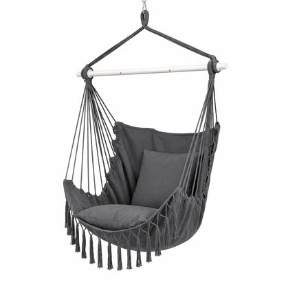 Gardeon Hammock Chair Camping Macrame Hanging Swing Cushions Metal Bar Grey