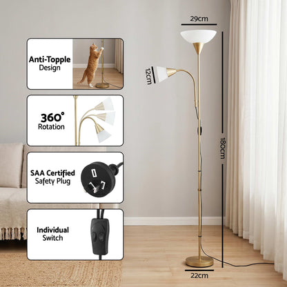 Artiss Gold Floor Lamp with Reading Light | Mother and Child Standing Lamp with 360 Flexible Gooseneck, Individual Switch & Plate Shade, E27 & E14 Bulb (Not Included) Home Living Room Office Reading
