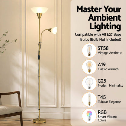 Artiss Gold Floor Lamp with Reading Light | Mother and Child Standing Lamp with 360 Flexible Gooseneck, Individual Switch & Plate Shade, E27 & E14 Bulb (Not Included) Home Living Room Office Reading