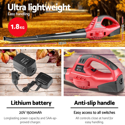 Giantz 20V Cordless Leaf Blower Garden Lithium Electric Battery Nozzles 2-Speed