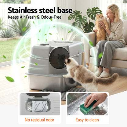 i.Pet Cat Litter Box Large Stainless Steel High Sided Pet Toilet Odour Control