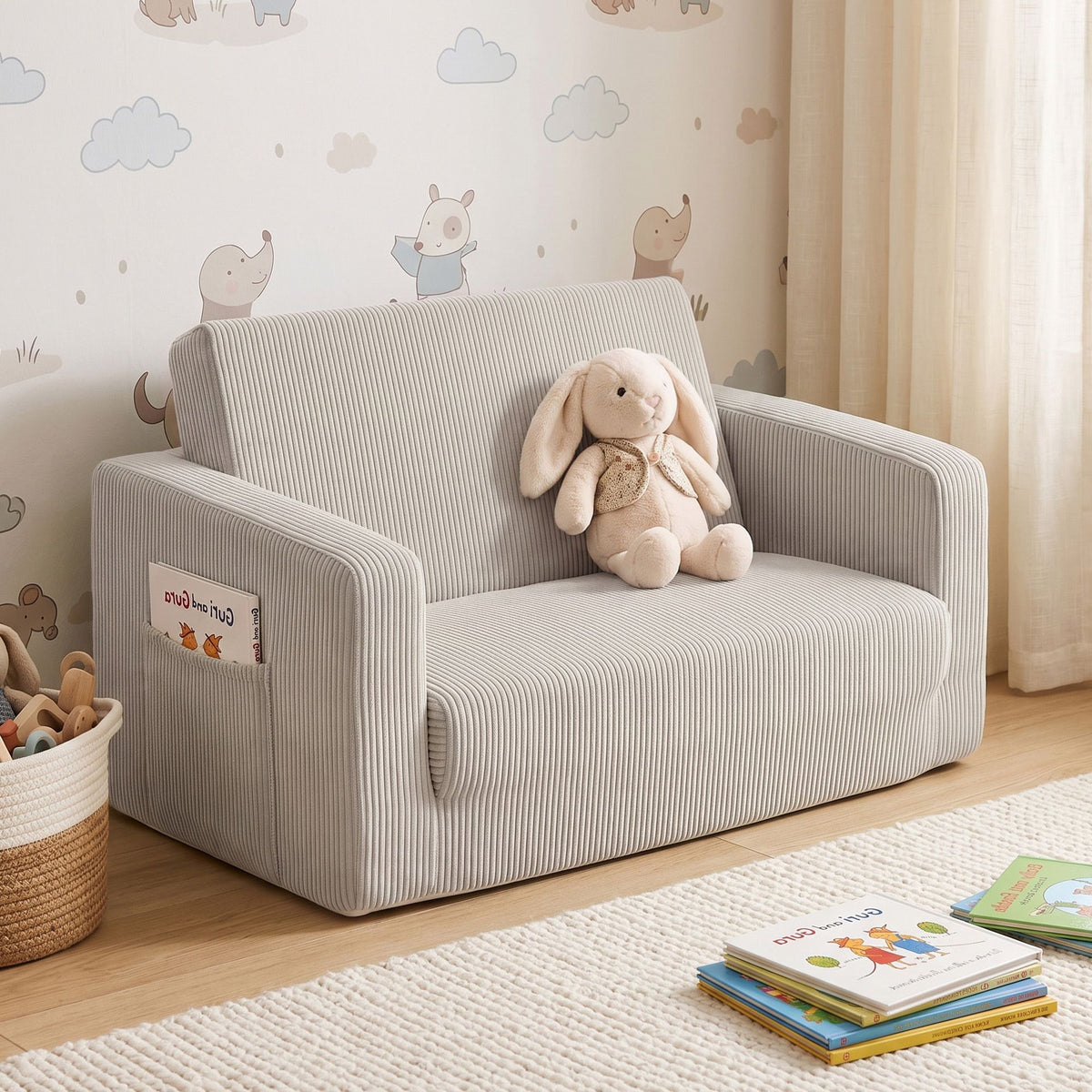 Artiss 2-in-1 Kids Sofa Toddler Foam Couch with Side Pocket Light Grey