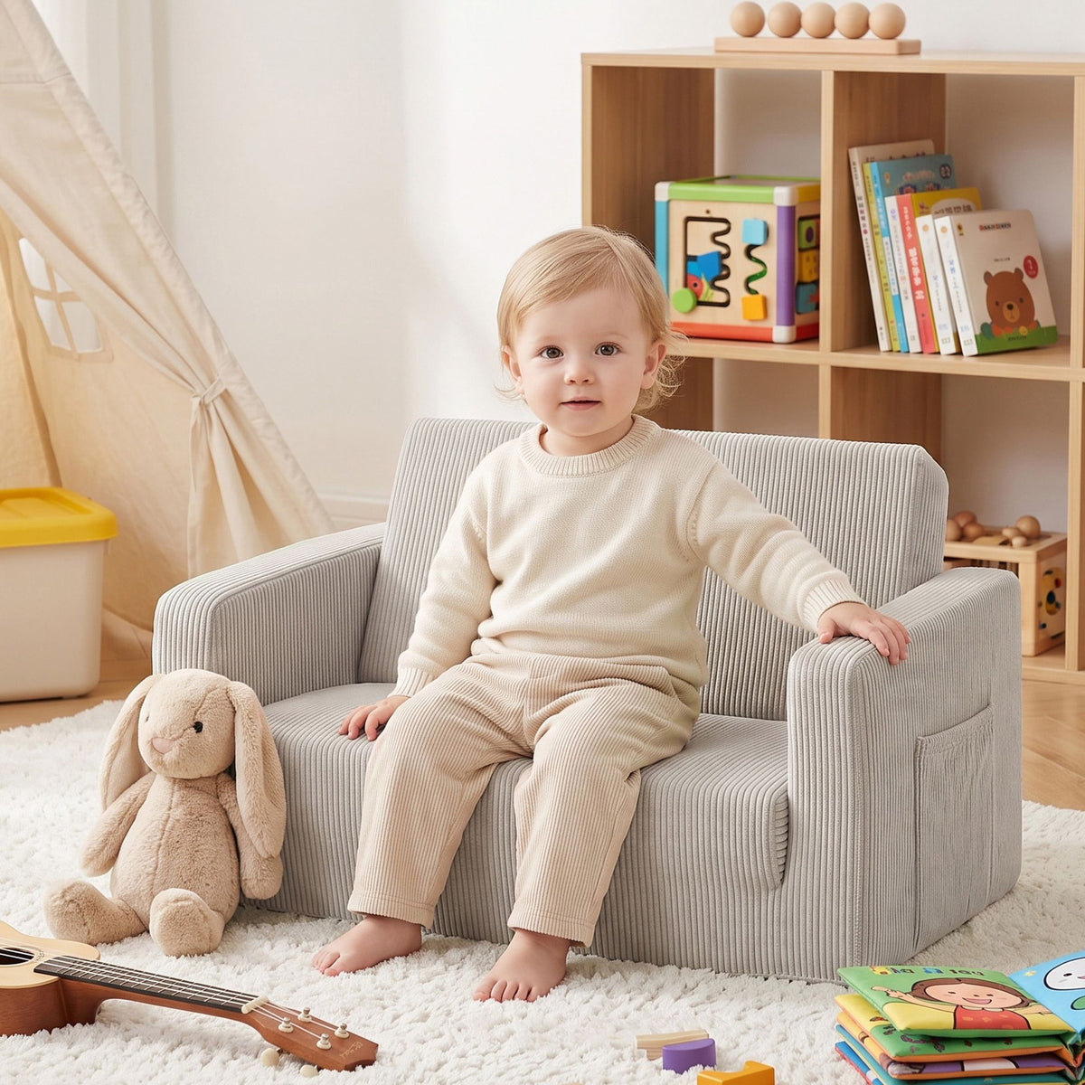 Artiss 2-in-1 Kids Sofa Toddler Foam Couch with Side Pocket Light Grey