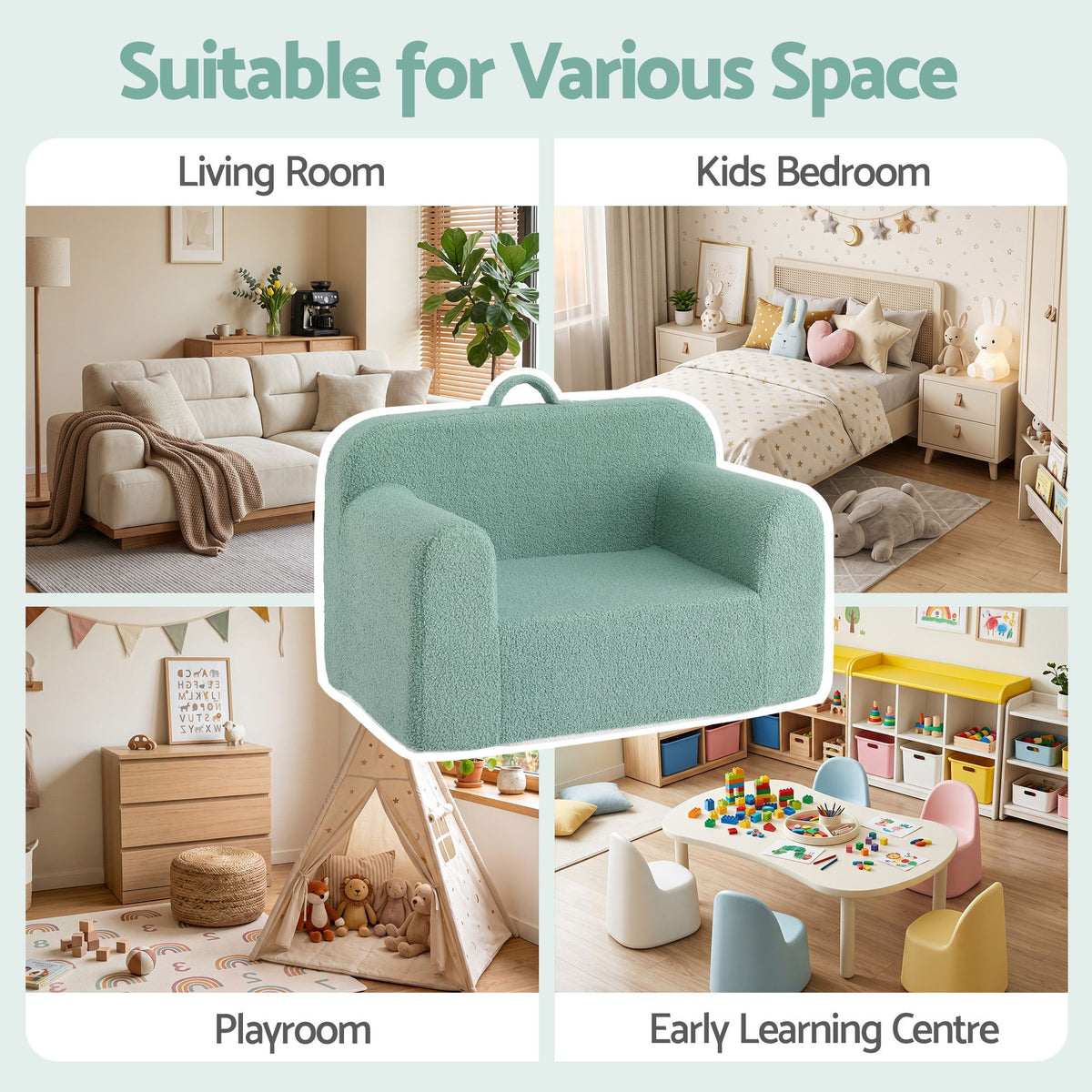 Artiss Kids Sofa Toddler Foam Couch with Carry Handle Mint Green